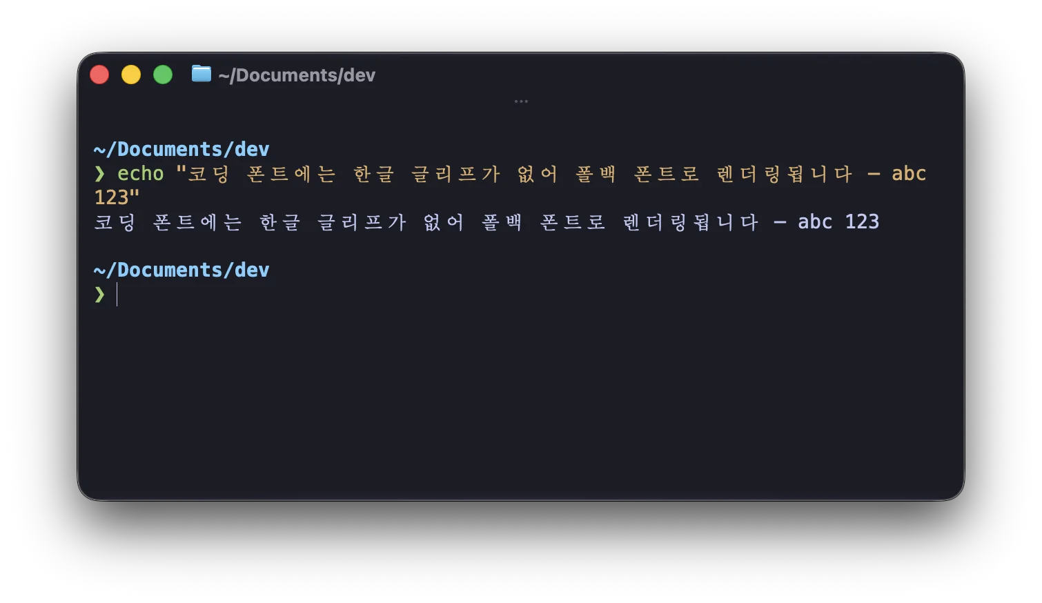 한글이 명조 계열 폰트로 폴백되어 코딩 폰트와 어긋나 보이는 모습