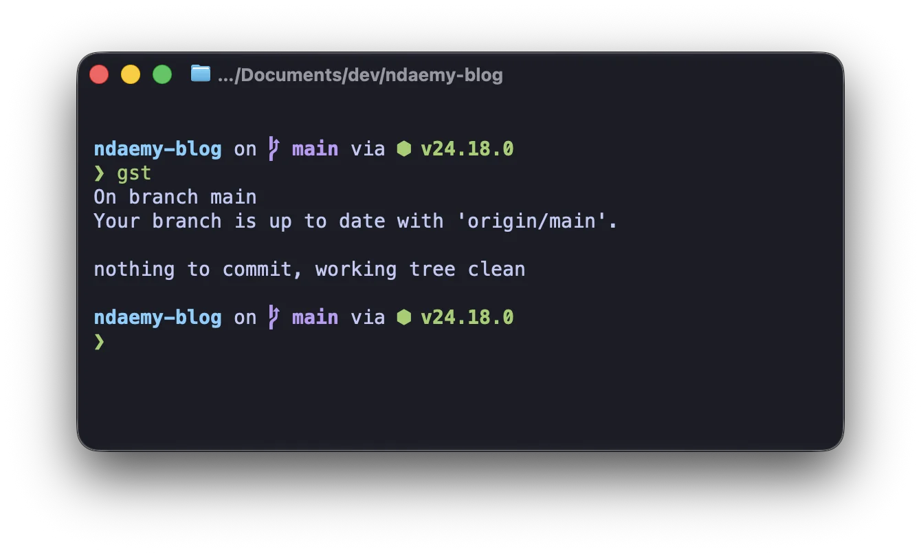 Starship 프롬프트 — 현재 디렉토리, git 브랜치, Node.js 버전이 표시된다